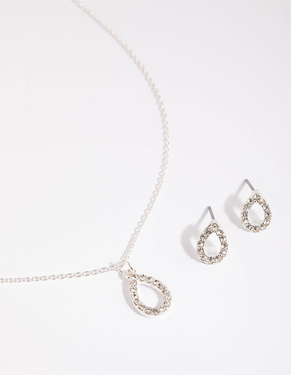 Silver Diamante Teardrop Necklace and Earring Set