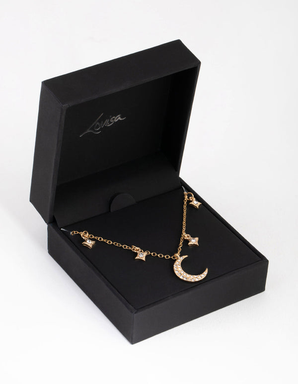Gold Star and Moon Diamante Necklace