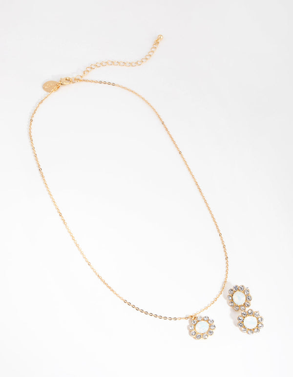 Gold Flower Stone Necklace and Earrings Set