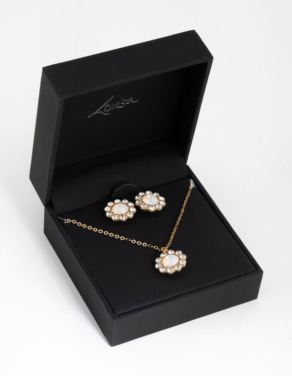 Gold Flower Stone Necklace and Earrings Set