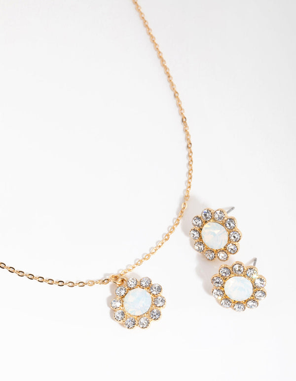 Gold Flower Stone Necklace and Earrings Set