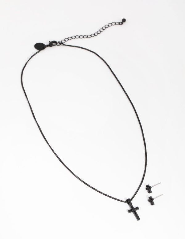 Black Diamante Cross Necklace and Earrings Set