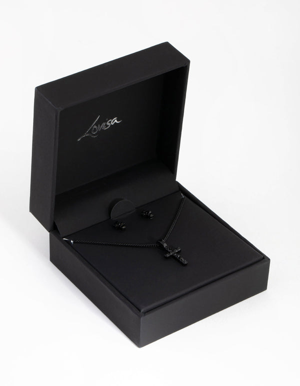 Black Diamante Cross Necklace and Earrings Set