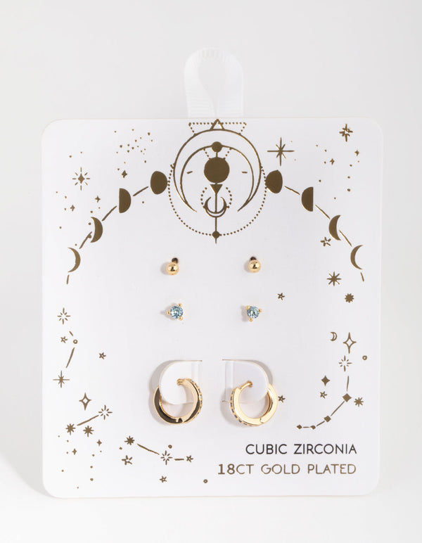 18ct Gold Plated Aquamarine Cubic Zirconia March Earring 3-Pack