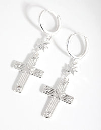 Silver Plated Cubic Zirconia Cross Star Huggie Earrings - link has visual effect only