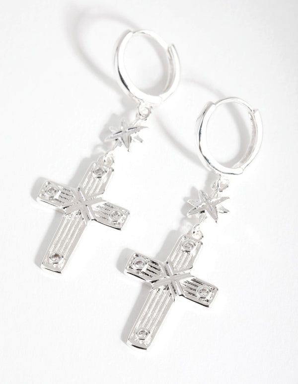 Silver Plated Cubic Zirconia Cross Star Huggie Earrings
