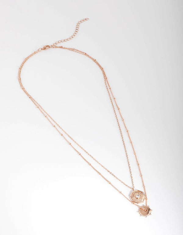 Rose Gold Plated Cubic Zirconia Detailed Disc Necklace Set