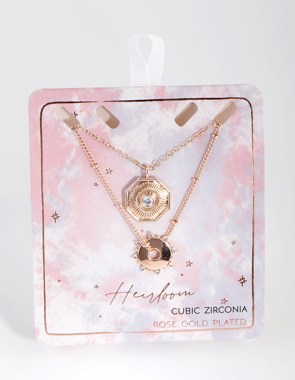 Rose Gold Plated Cubic Zirconia Detailed Disc Necklace Set
