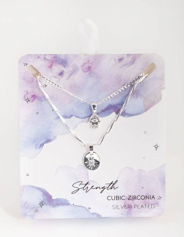 Silver Plated Cubic Zirconia Hamsa and Star Layered Necklace