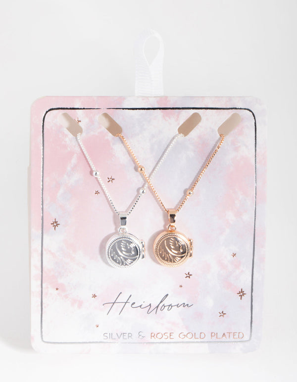 Silver and Rose Gold Plated Round Locket Necklace Set