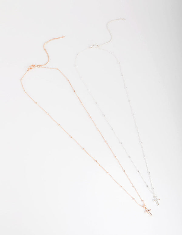 Rose Gold and Silver Plated Cross Necklace Set
