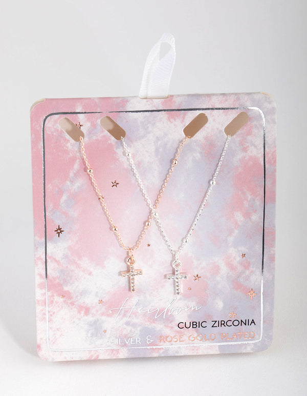 Rose Gold and Silver Plated Cross Necklace Set