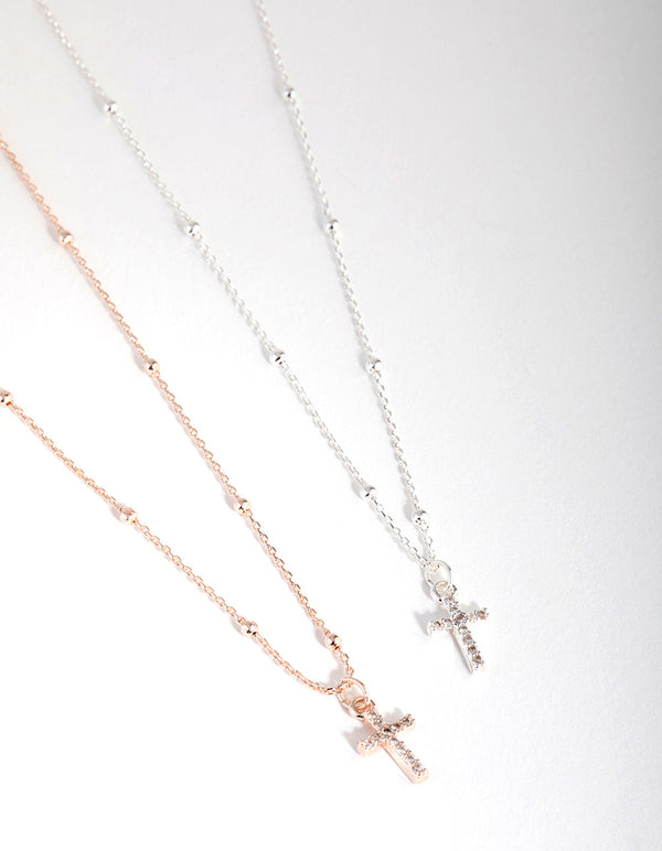 Rose Gold and Silver Plated Cross Necklace Set
