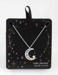Silver Plated Cubic Zirconia Big Moon and Star Necklace - link has visual effect only
