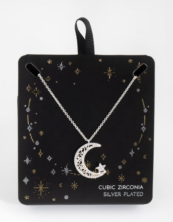 Silver Plated Cubic Zirconia Big Moon and Star Necklace
