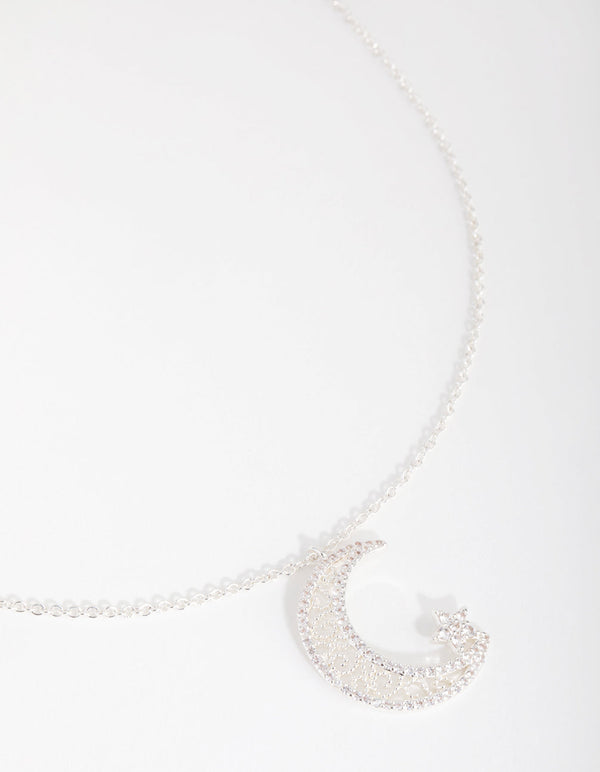 Silver Plated Cubic Zirconia Big Moon and Star Necklace