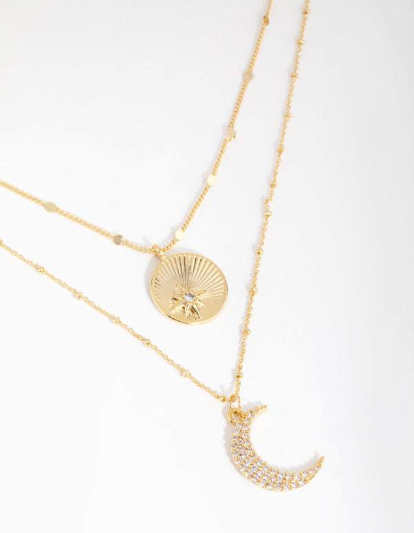18ct Gold Plated Cubic Zirconia Moon and Coin Layered Necklace