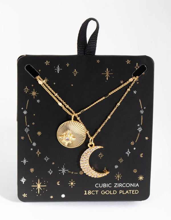 18ct Gold Plated Cubic Zirconia Moon and Coin Layered Necklace