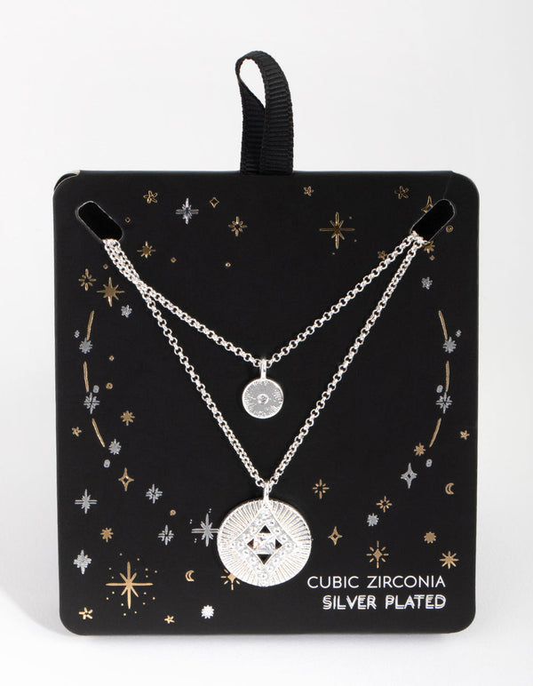 Silver Plated Cubic Zirconia Diamond Coin Necklace Set