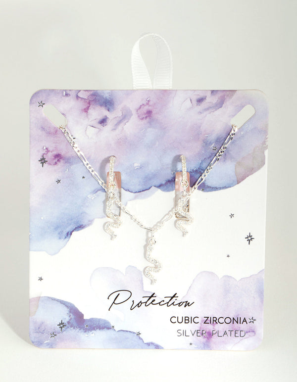 Silver Plated Cubic Zirconia Snake Necklace and Earrings Set