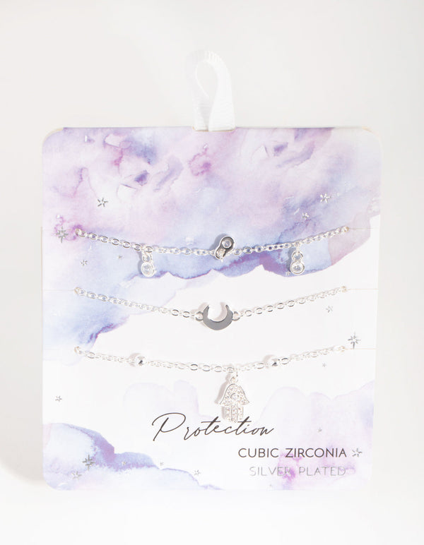 Silver Plated Cubic Zirconia Hamsa and Moon Bracelet Set