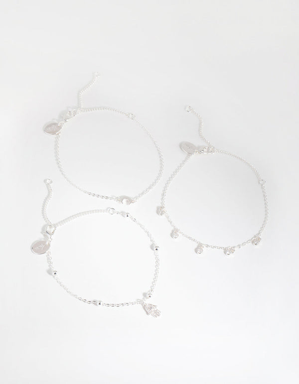 Silver Plated Cubic Zirconia Hamsa and Moon Bracelet Set