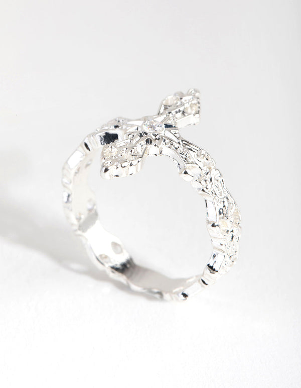 Silver Plated Cubic Zirconia Detailed Cross Ring