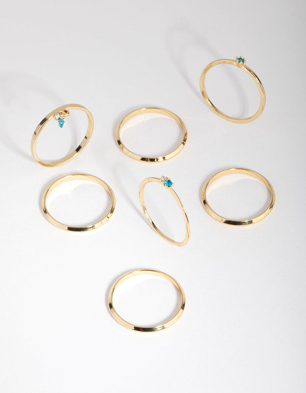 18ct Gold Plated December Blue Topaz Cubic Zirconia Ring 7-Pack
