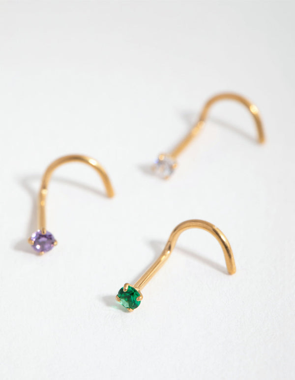Gold Surgical Steel Classic Gem Nose Stud 3-Pack