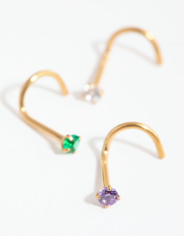 Gold Surgical Steel Classic Gem Nose Stud 3-Pack