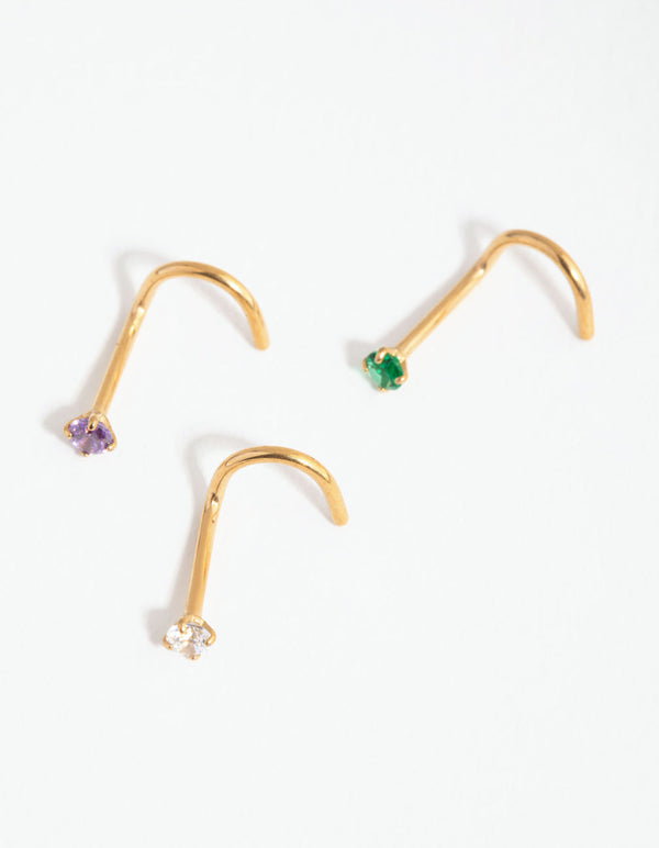 Gold Surgical Steel Classic Gem Nose Stud 3-Pack