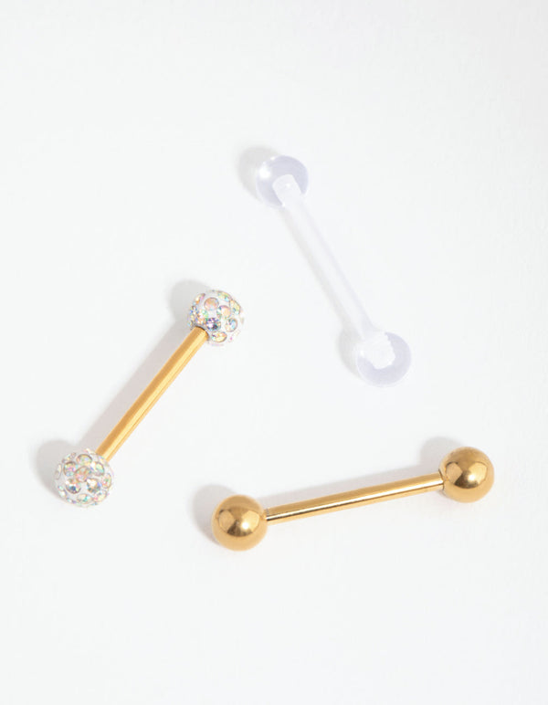 Gold Surgical Steel Acrylic Ferido Tongue 3-Pack