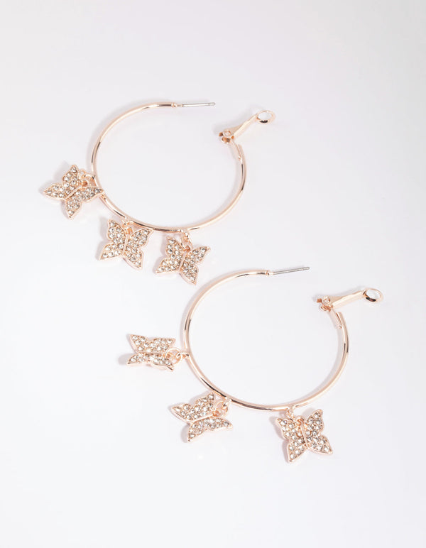 Rose Gold Diamante Butterfly Hoop Earrings