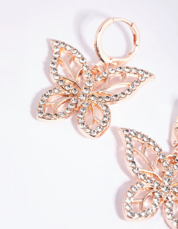 Rose Gold Butterfly Diamante Huggie Earrings