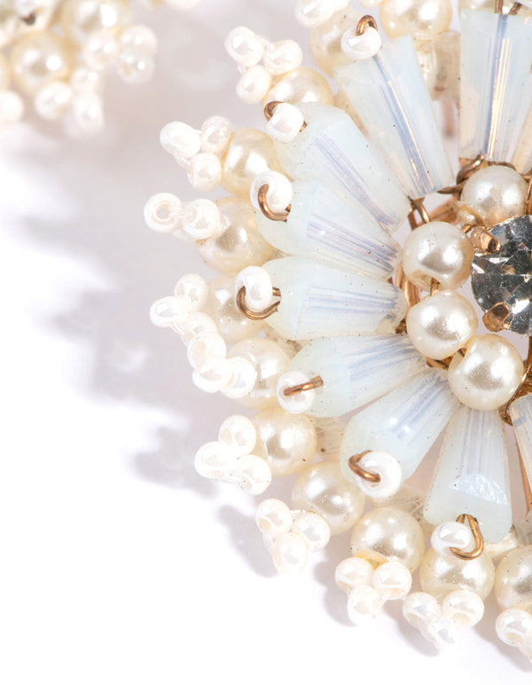 White Beaded Pearl Disc Stud Earrings
