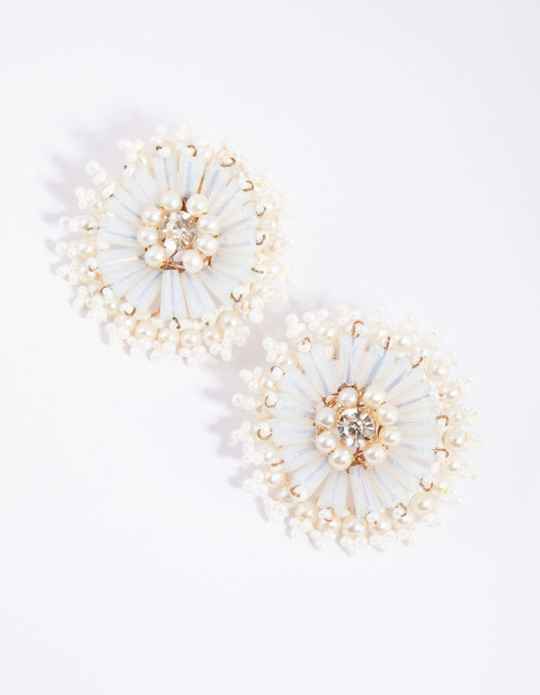 White Beaded Pearl Disc Stud Earrings