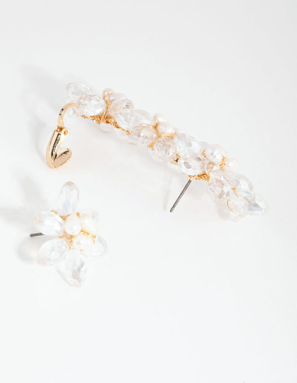 Beaded Freshwater Pearl Wrap Cuff and Stud Earrings