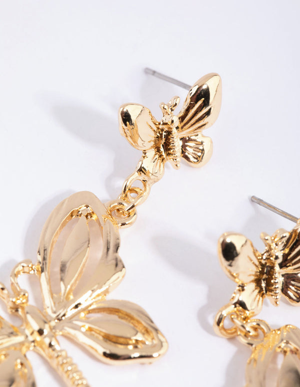 Gold Double Butterfly Drop Earrings