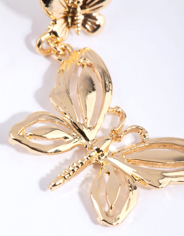 Gold Double Butterfly Drop Earrings