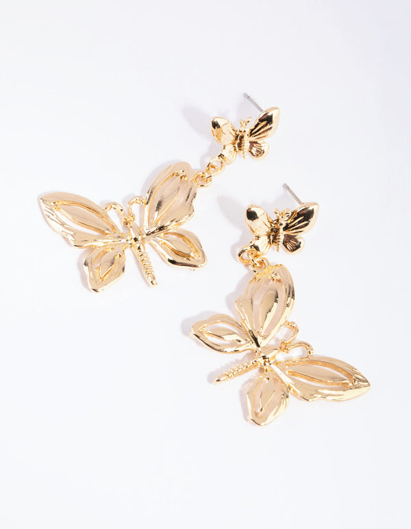 Gold Double Butterfly Drop Earrings