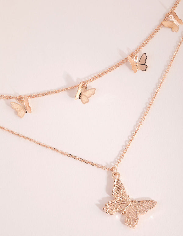 Rose Gold Butterfly Layered Necklace
