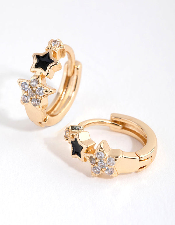 Gold Diamante Black Stars Huggie Earrings