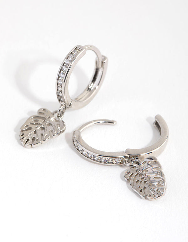 Rhodium Diamante Leaf Huggie Earrings