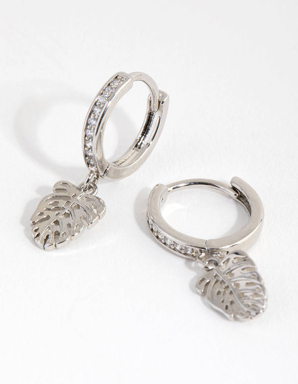 Rhodium Diamante Leaf Huggie Earrings