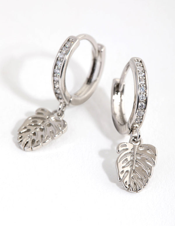 Rhodium Diamante Leaf Huggie Earrings