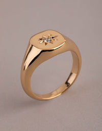 18ct Gold Plated Brass Cubic Zirconia Star Signet Ring - link has visual effect only