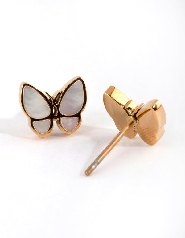 Surgical Steel Gold Mother of Pearl Butterfly Stud Earring