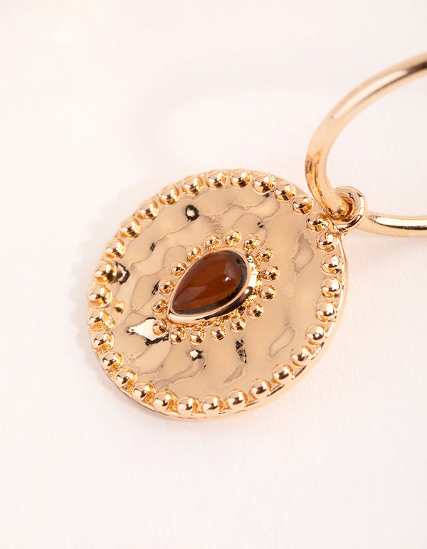 Gold Disc with Stone Hoop Earrings