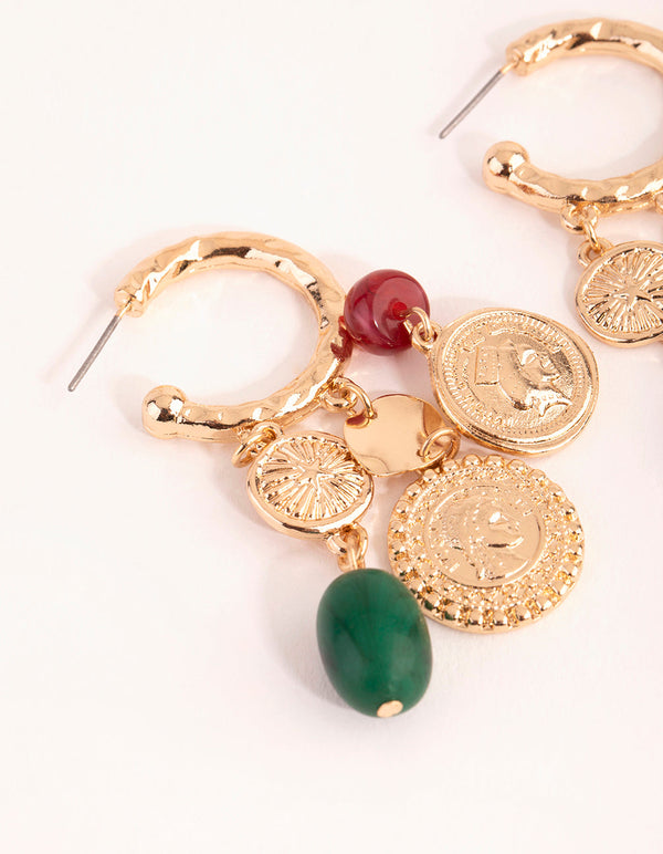 Gold Coin and Bead Cluster Hoop Earrings
