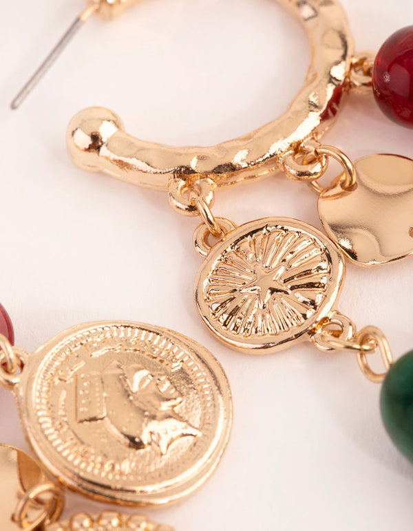 Gold Coin and Bead Cluster Hoop Earrings